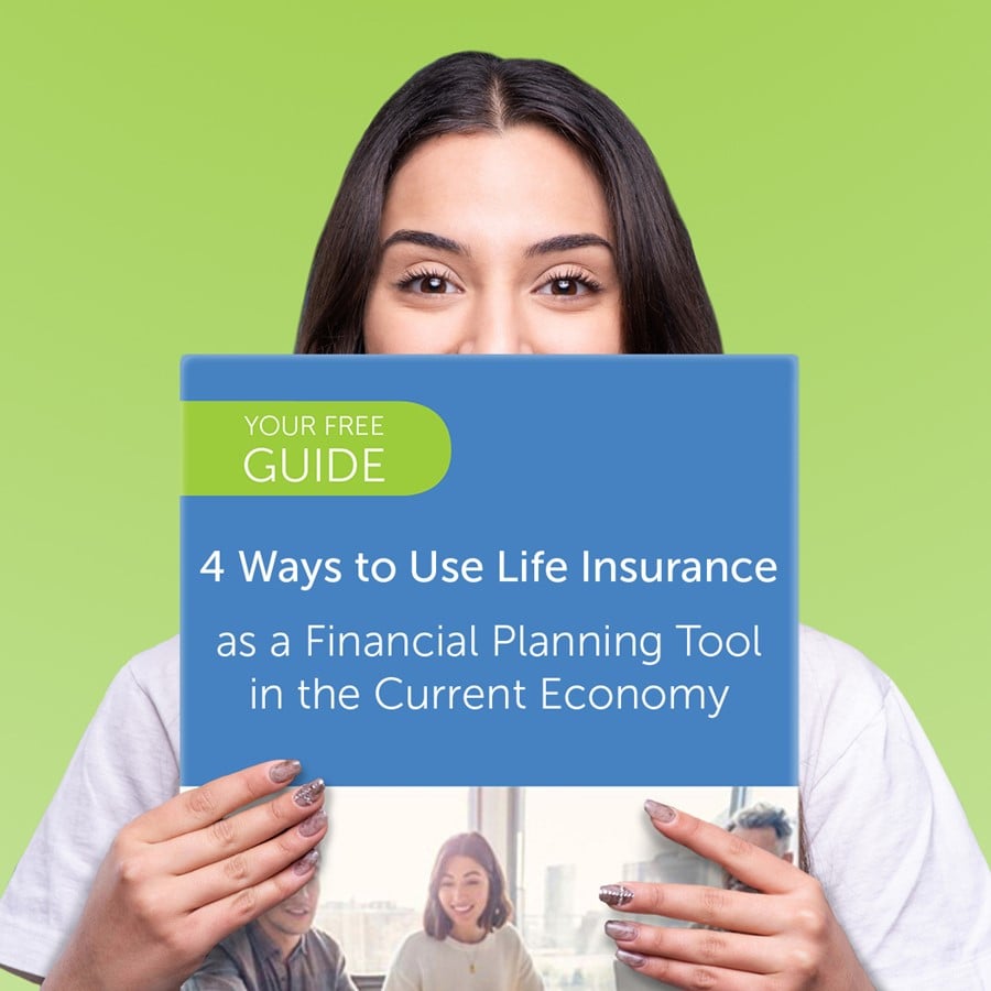 Woman holding up free guide: 4 Ways to Use Life Insurance as a Financial Planning Tool in the Current Economy